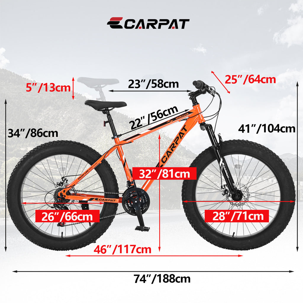 Elecony S26109 26" Fat Tire Mountain Bike – Shimano 21-Speed, Dual Disc Brakes – Adult/Youth (Orange)
