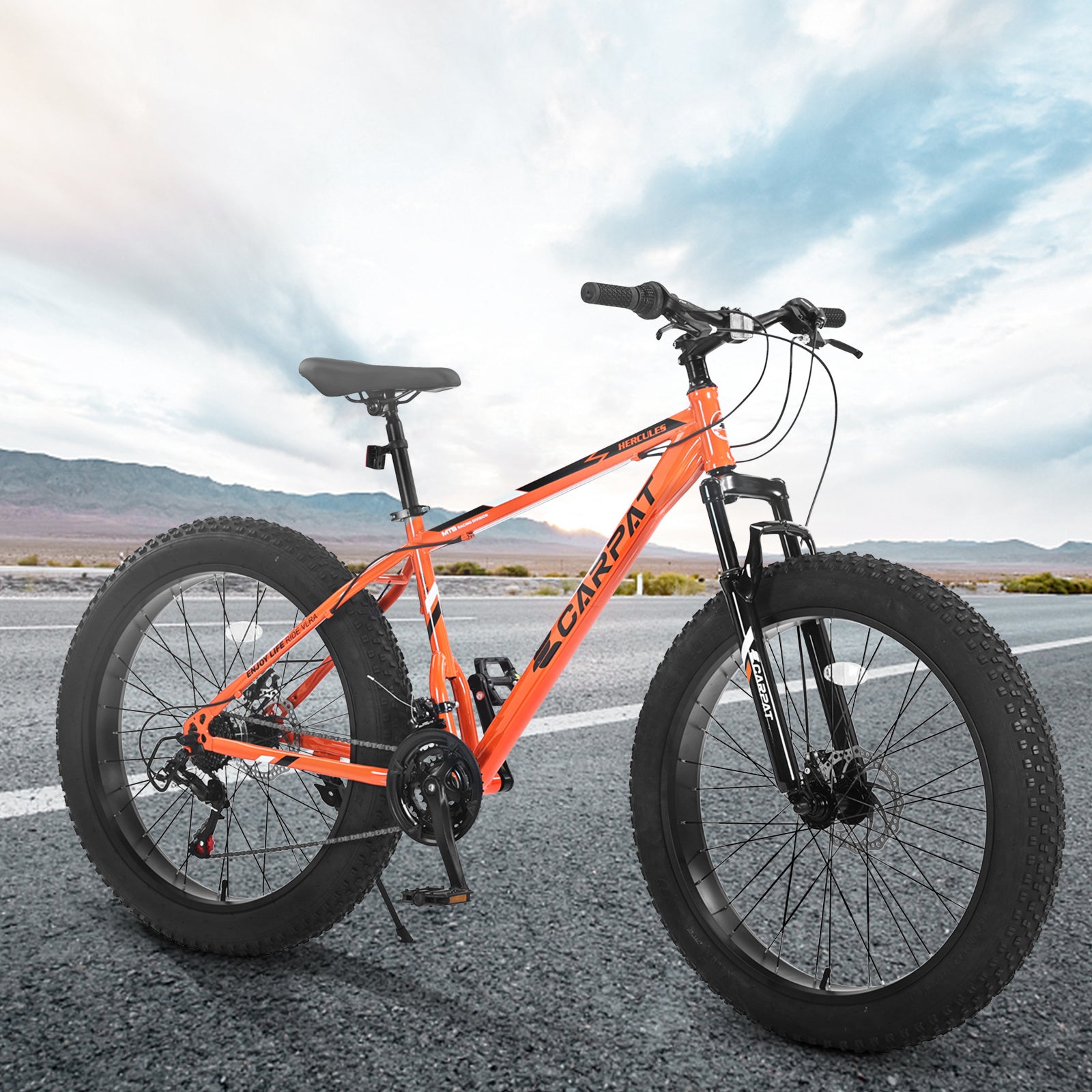 Elecony S26109 26" Fat Tire Mountain Bike – Shimano 21-Speed, Dual Disc Brakes – Adult/Youth (Orange)