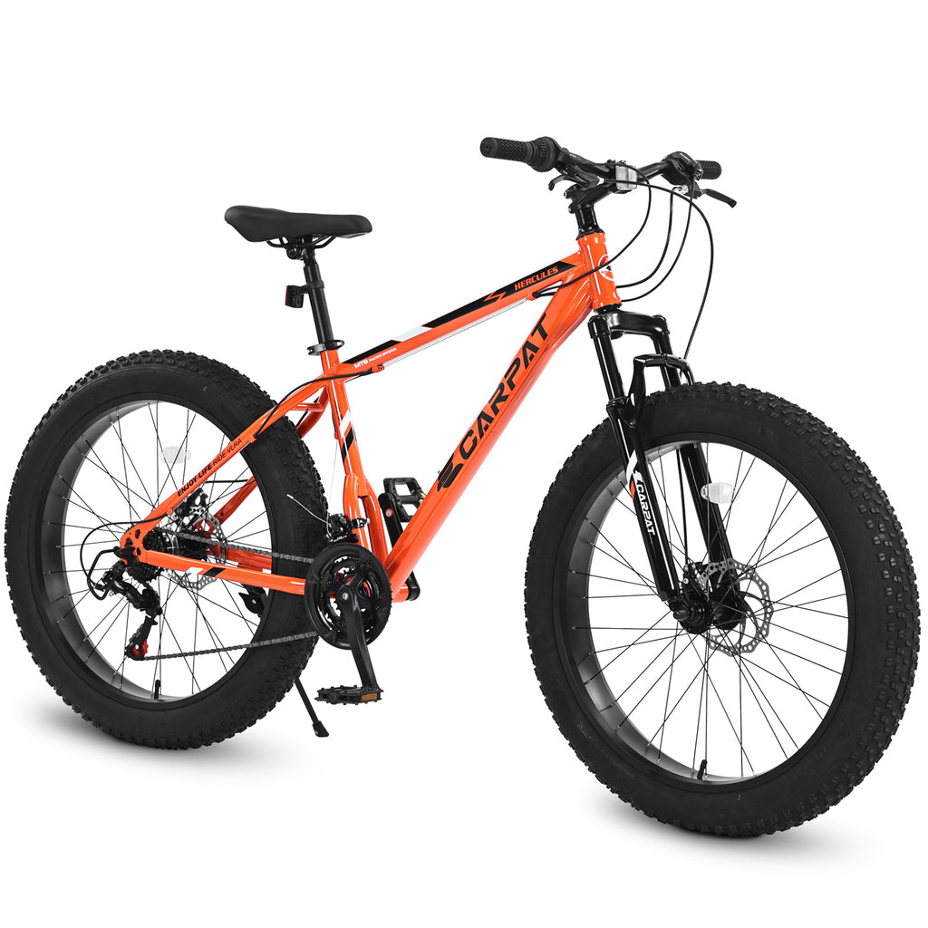 Elecony S26109 26" Fat Tire Mountain Bike – Shimano 21-Speed, Dual Disc Brakes – Adult/Youth (Orange)