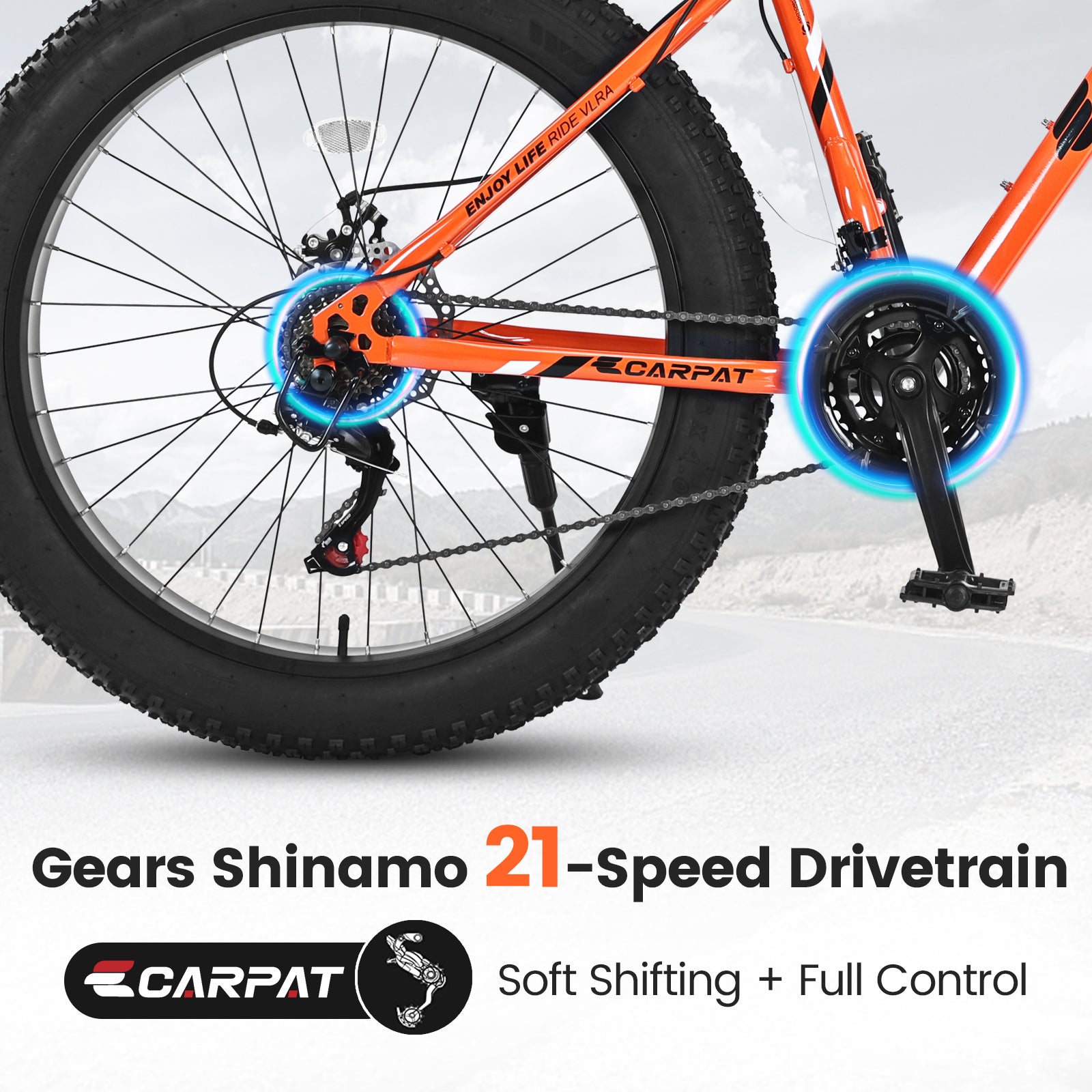 Elecony S26109 26" Fat Tire Mountain Bike – Shimano 21-Speed, Dual Disc Brakes – Adult/Youth (Orange)
