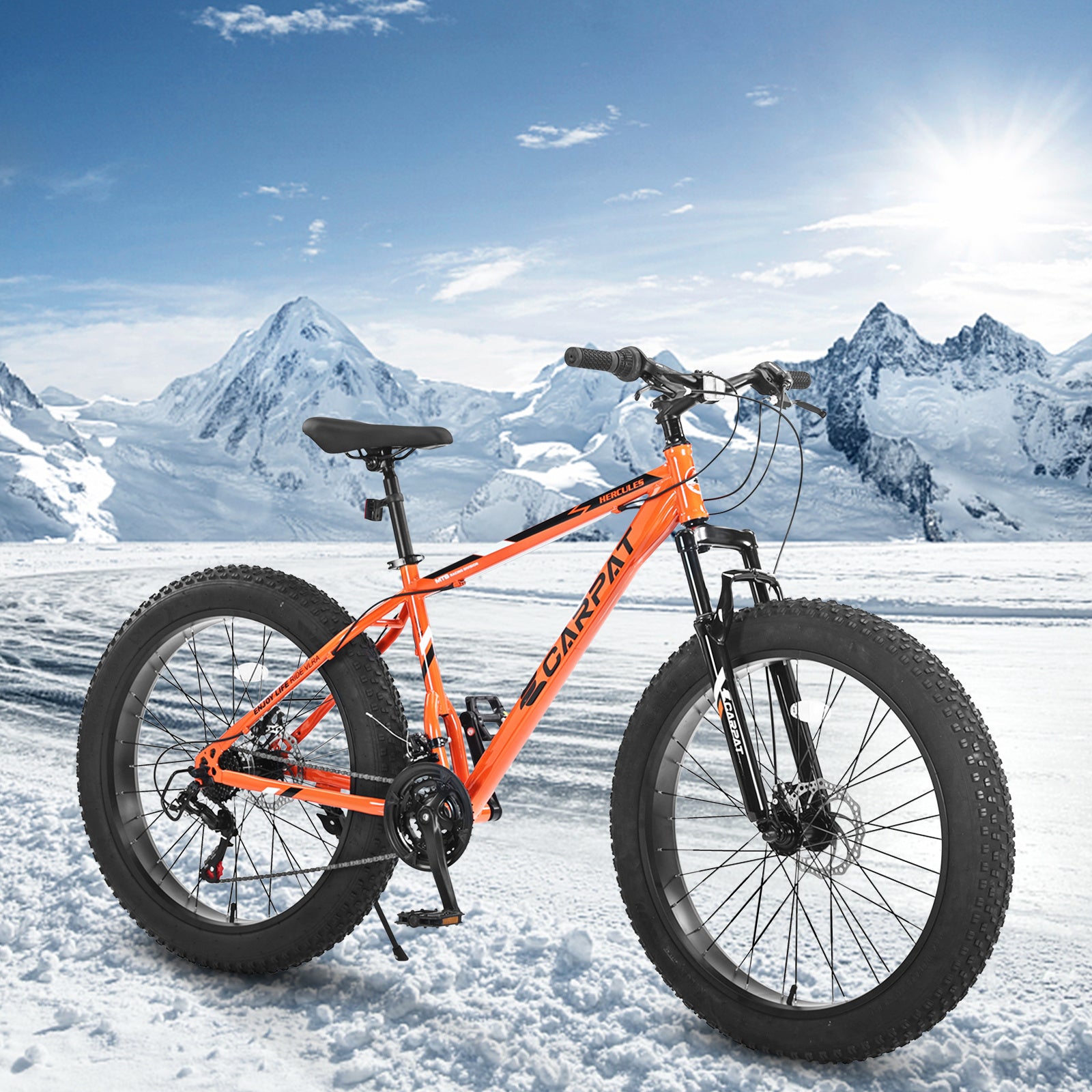 Elecony S26109 26" Fat Tire Mountain Bike – Shimano 21-Speed, Dual Disc Brakes – Adult/Youth (Orange)