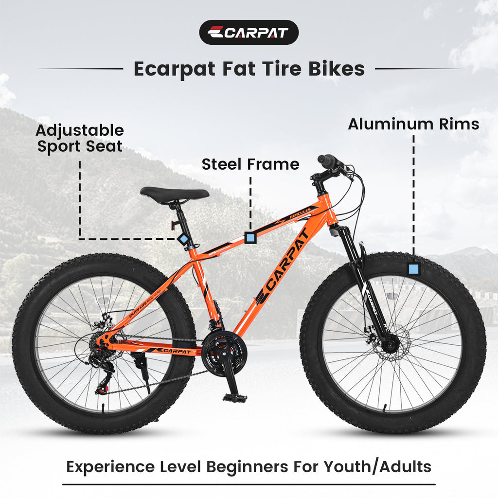 Elecony S26109 26" Fat Tire Mountain Bike – Shimano 21-Speed, Dual Disc Brakes – Adult/Youth (Orange)