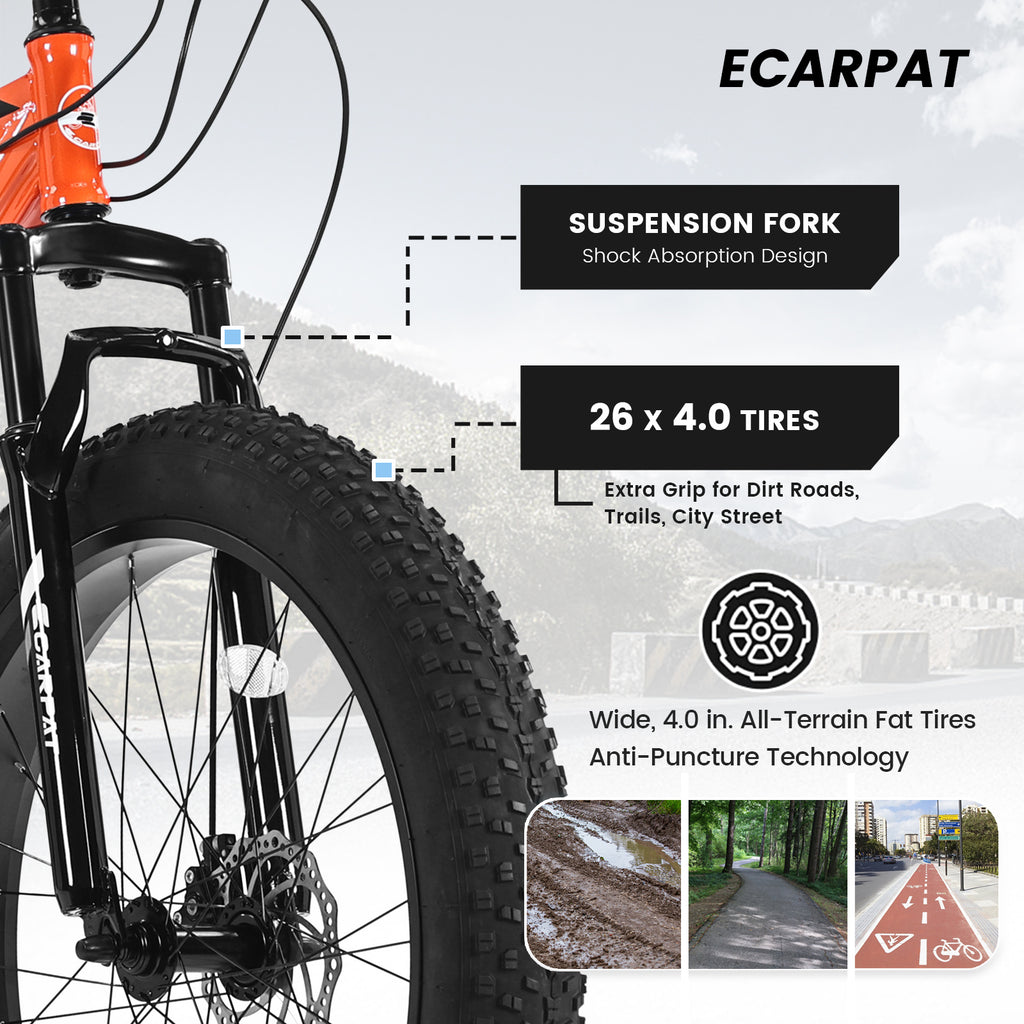 Elecony S26109 26" Fat Tire Mountain Bike – Shimano 21-Speed, Dual Disc Brakes – Adult/Youth (Orange)