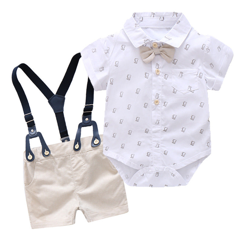 Baby outfit with white shirt, beige shorts, and suspenders on a white background