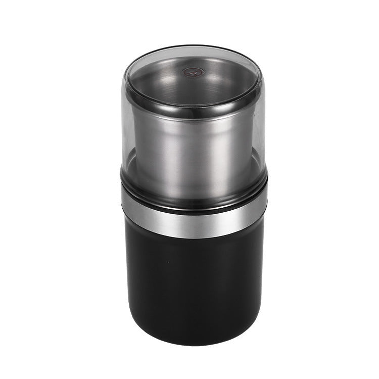 Black and silver cylindrical container on a white background