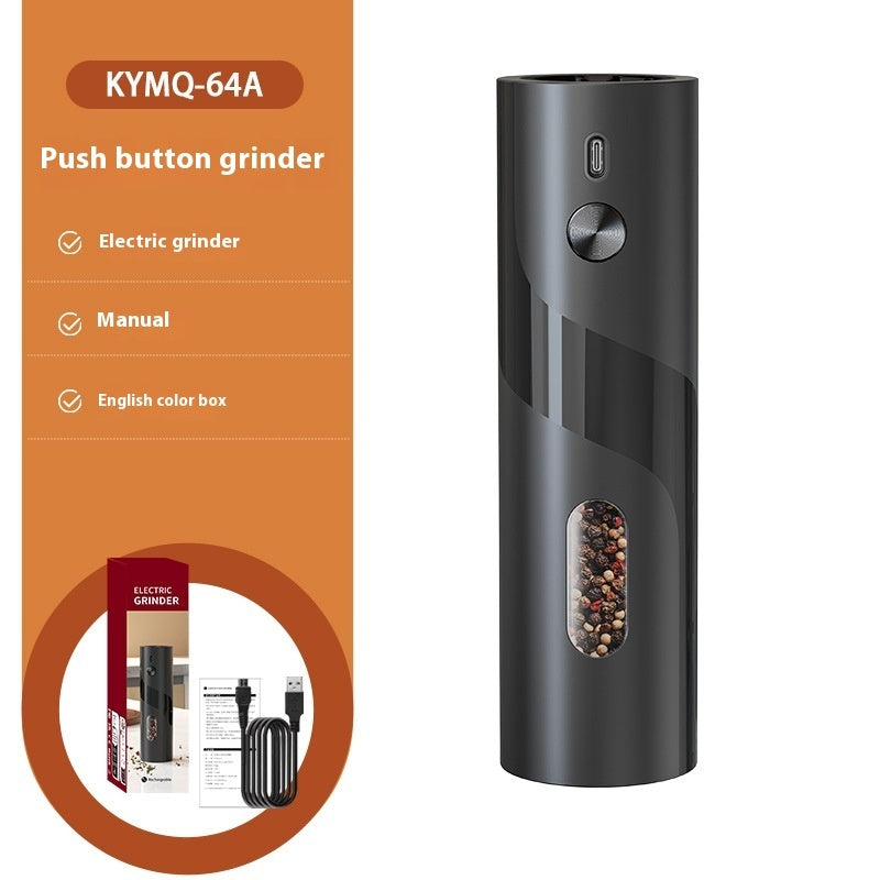Black electric grinder with packaging on an orange background