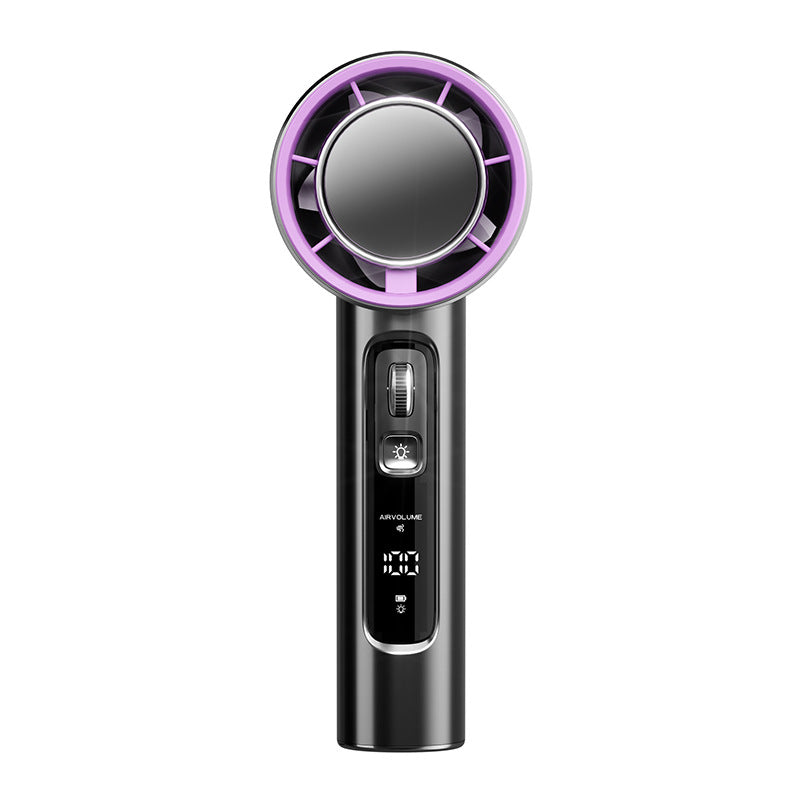Black handheld  cooling fan with purple accents on a white background