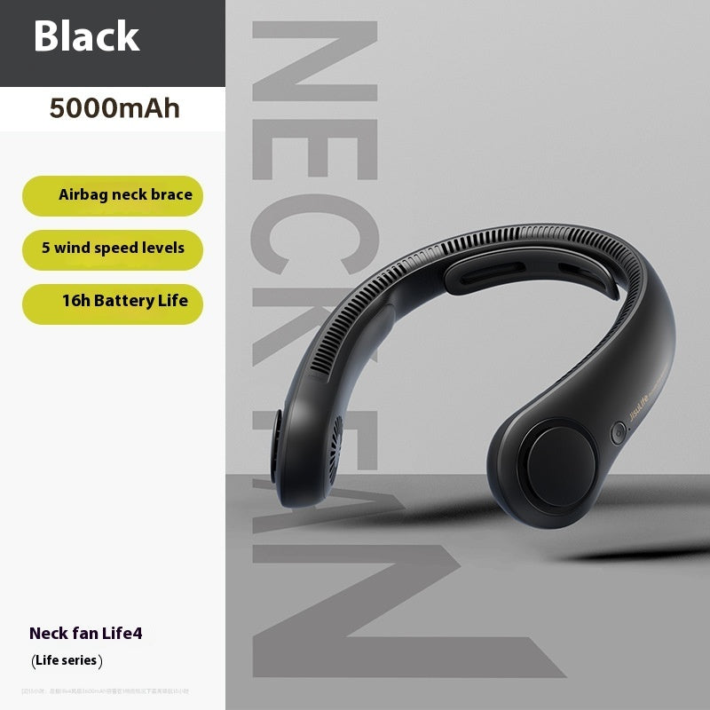 Black neck fan with features listed on a gray background