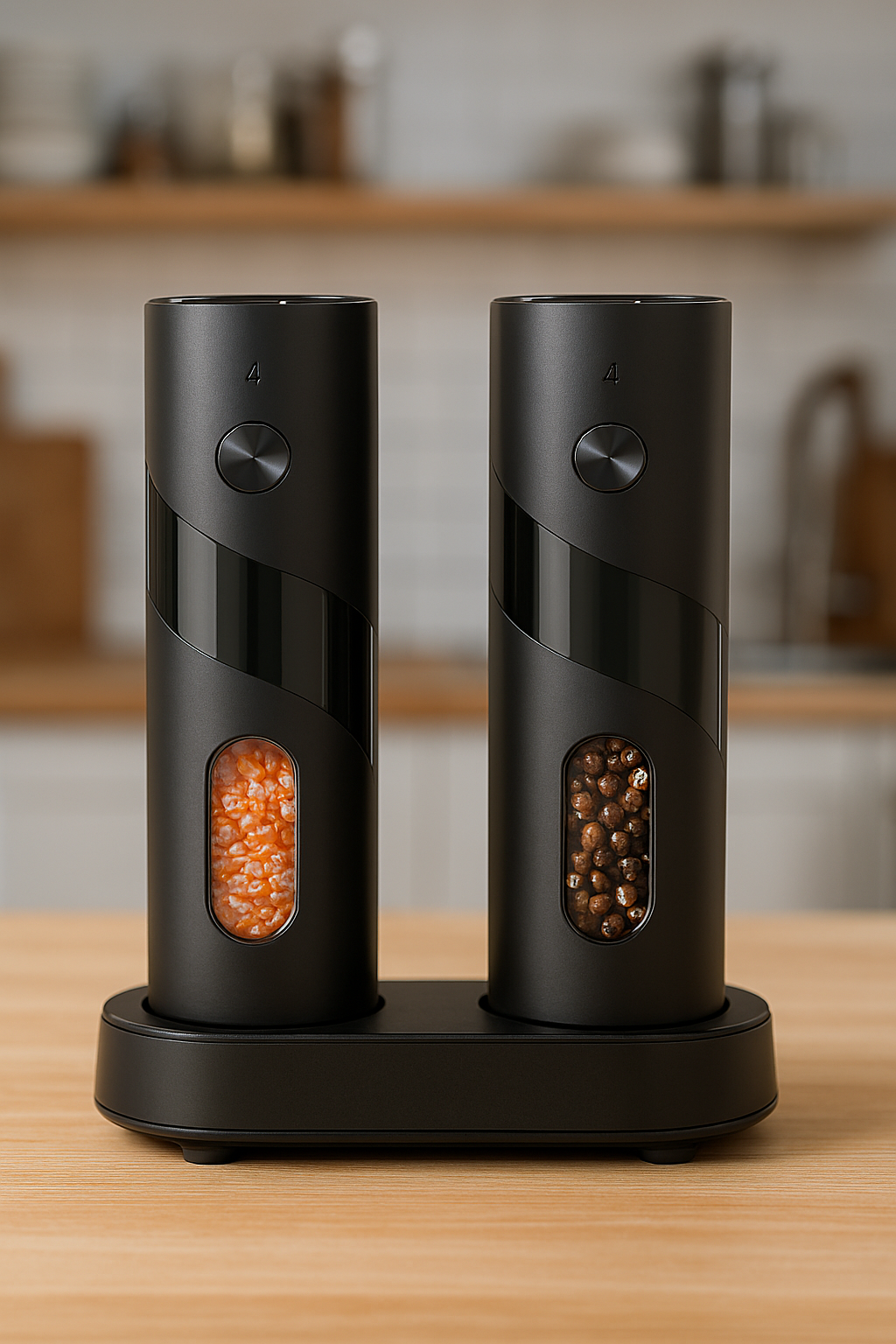 Black salt and pepper shakers with visible contents on a wooden surface.