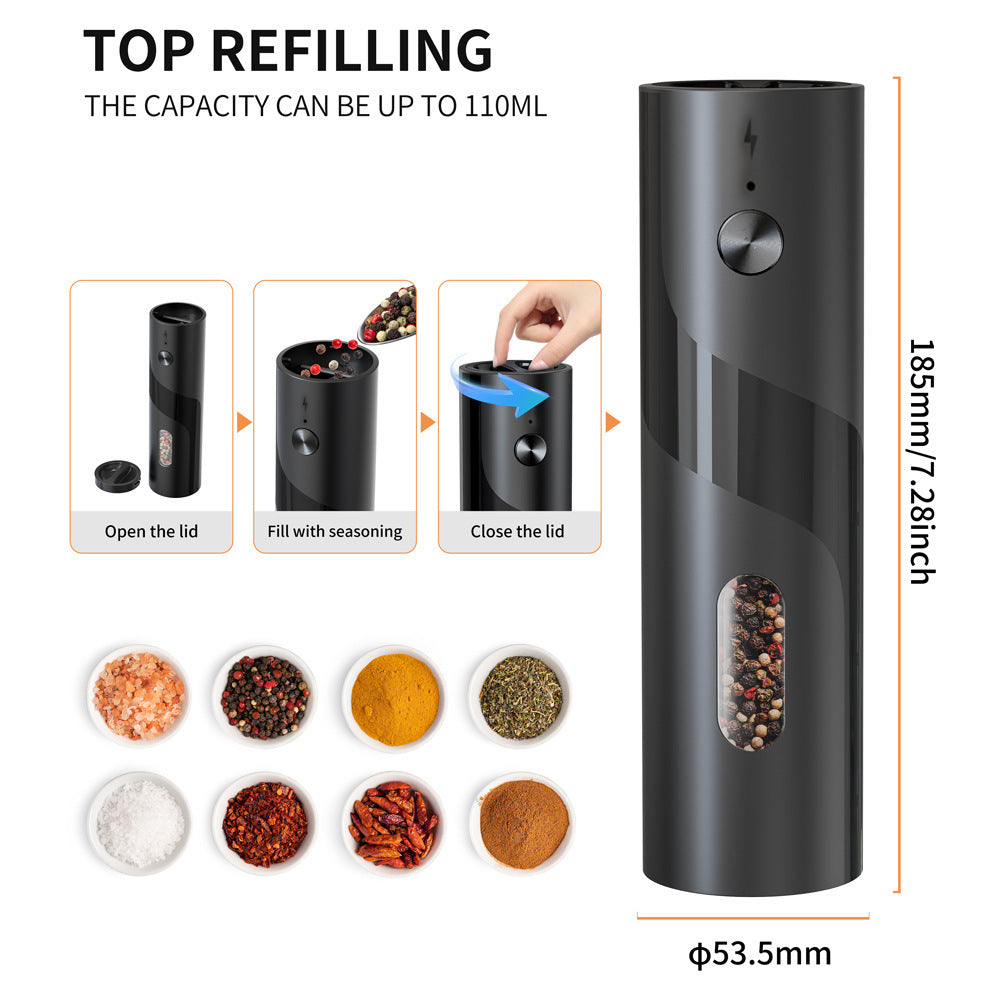 Black top refilling container with seasoning examples and dimensions on a white background