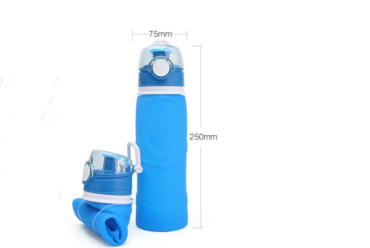 Blue collapsible water bottle with measurements on a white background