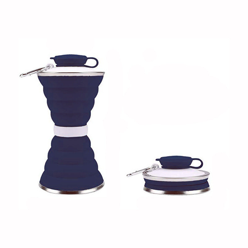 Collapsible blue water bottle with carrying strap on a white background