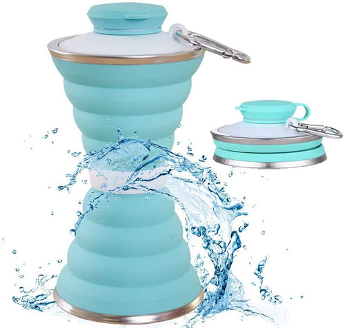 Collapsible water bottle with a carabiner on a white background