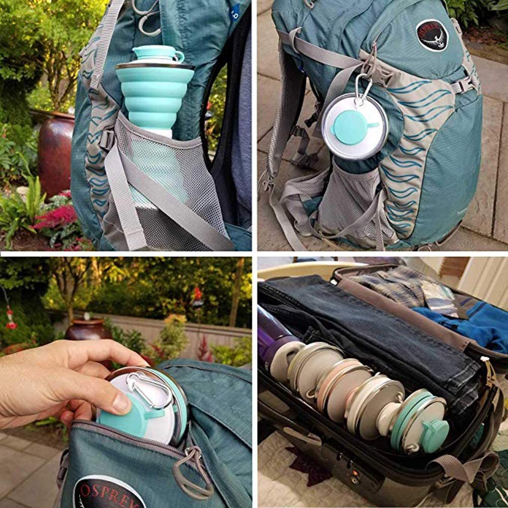 Collapsible water bottle with carrying case and travel adapter, used in various settings.