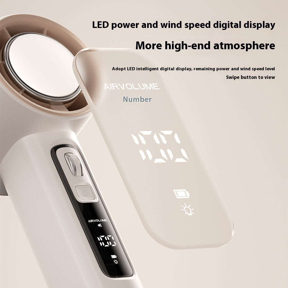 Digital display of an air volume control device with LED power and wind speed indicators.