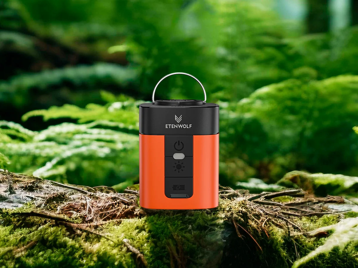 Orange and black portable device with 'Etenwolf' branding on a green, natural background