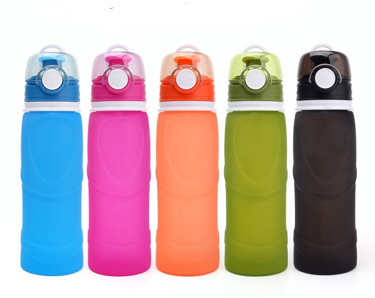 Five colorful collapsible water bottles with different colored lids on a white background.