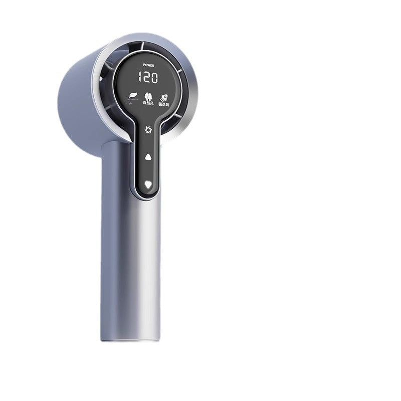 Gray handheld cooling fan with digital display on a white background