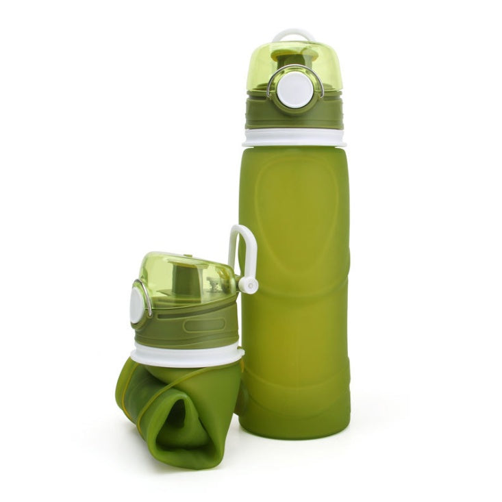 Green collapsible water bottle with carrying strap on a white background