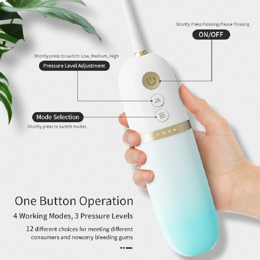Hand holding a dental flosser with labeled features on a white background