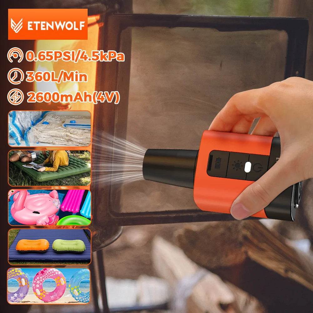 Hand holding an orange and black device with product details and usage examples on a reflective surface.