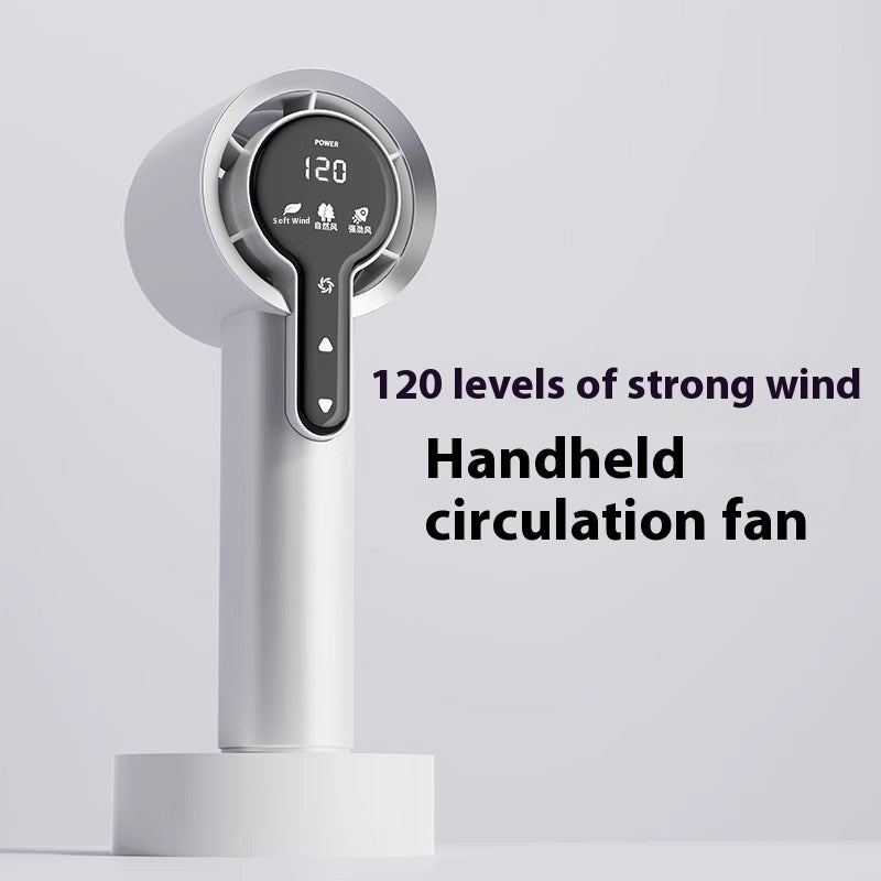 Handheld circulation fan with digital display on a light gray background