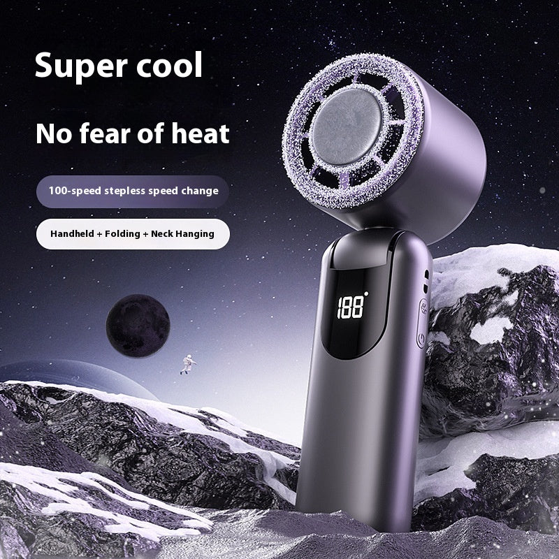 Handheld cooling fan with digital display on a space-themed background