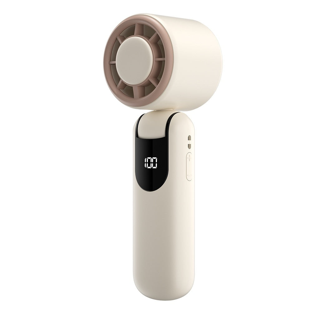 Handheld cooling fan white with digital display on a white background