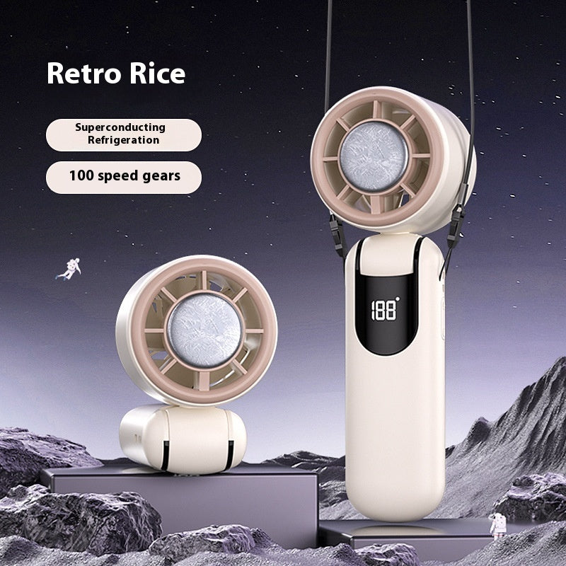 Handheld device with 'Retro Rice' branding on a mountainous landscape background