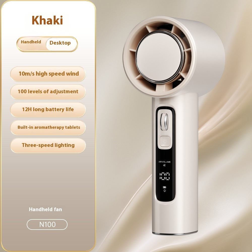 Handheld fan N100 with features listed on a beige background