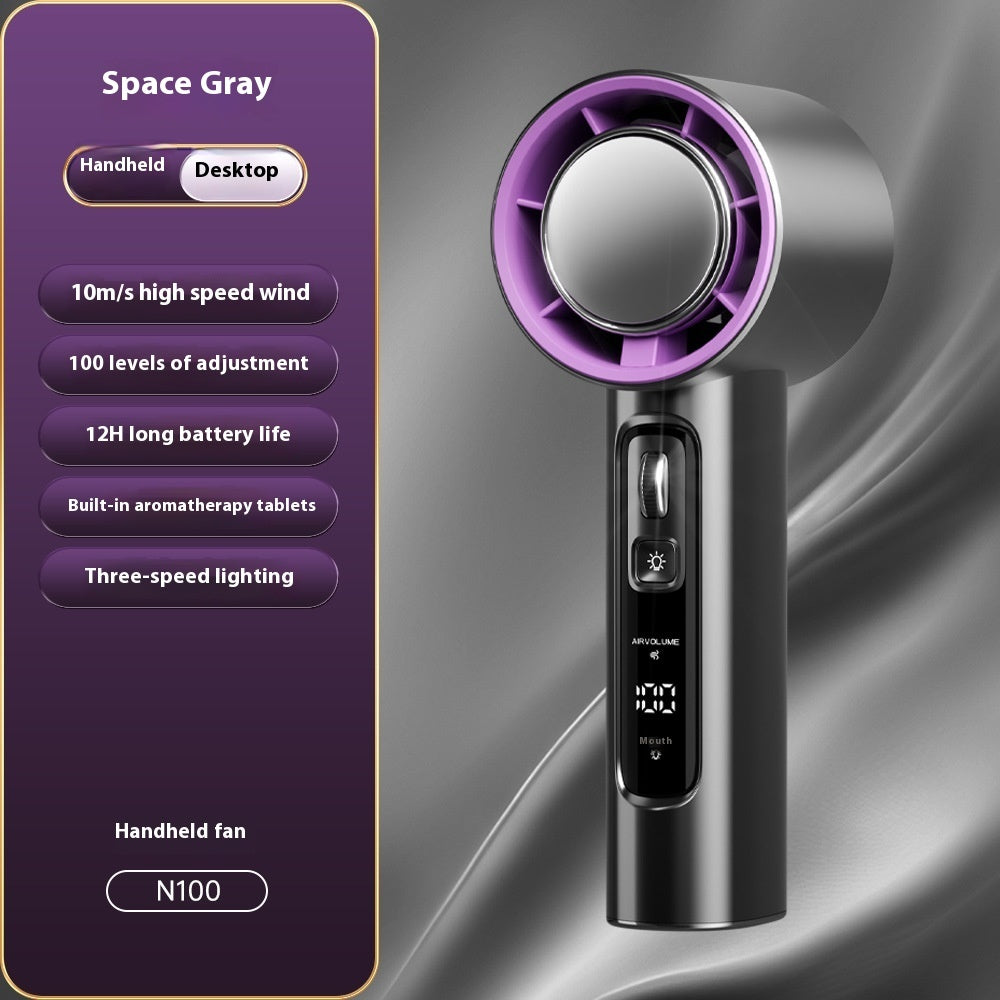 Handheld fan with purple accents on a gray background