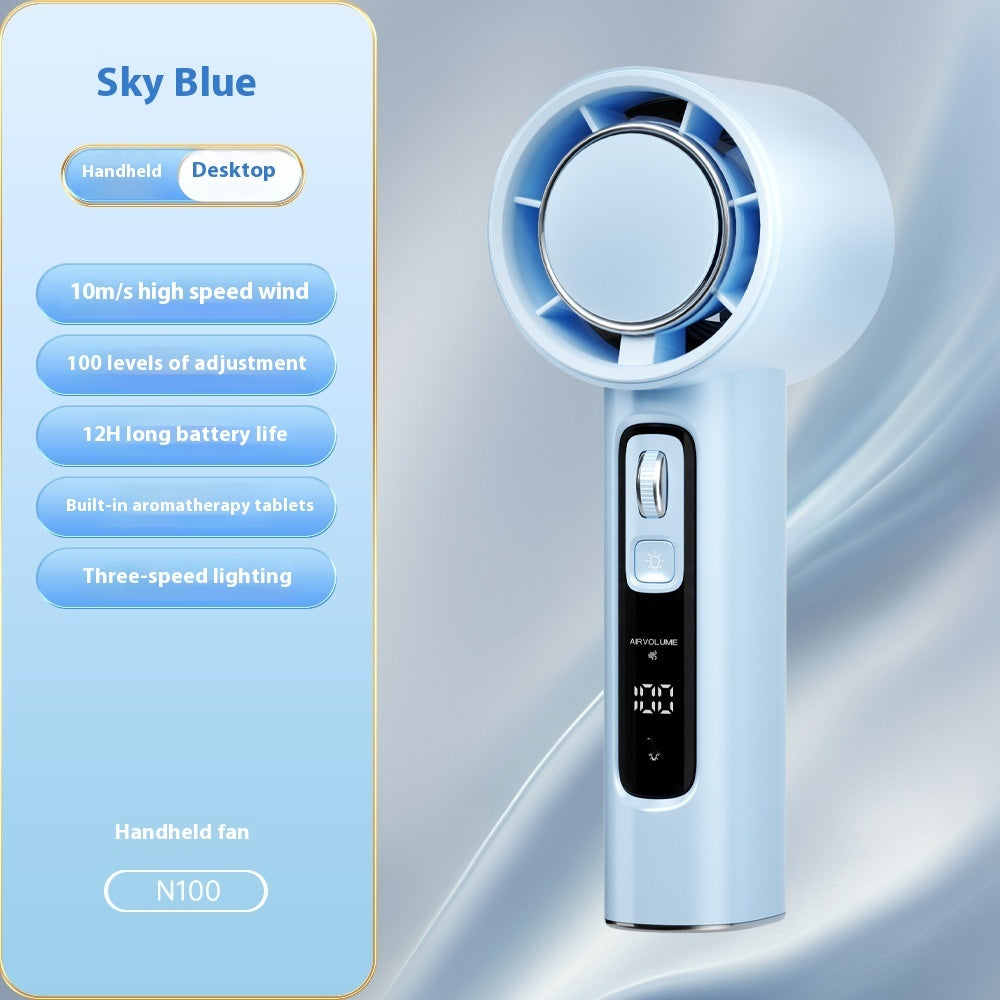 Handheld fan with features listed on a sky blue background