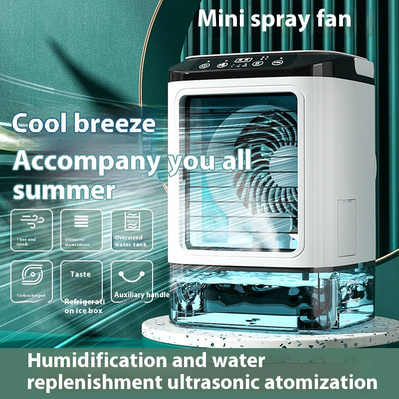 Mini spray fan with text on a green background