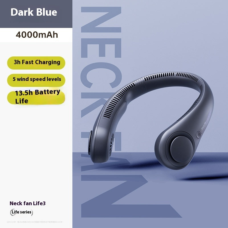 Neck fan with charging and battery life specifications on a blue background