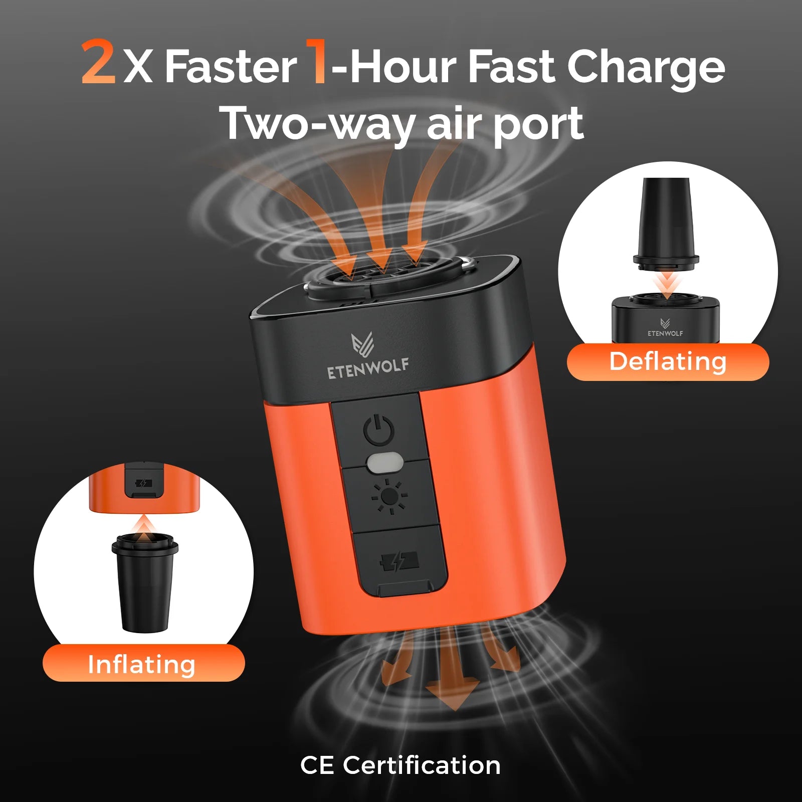 Orange and black air pump with charging and deflating features on a dark background