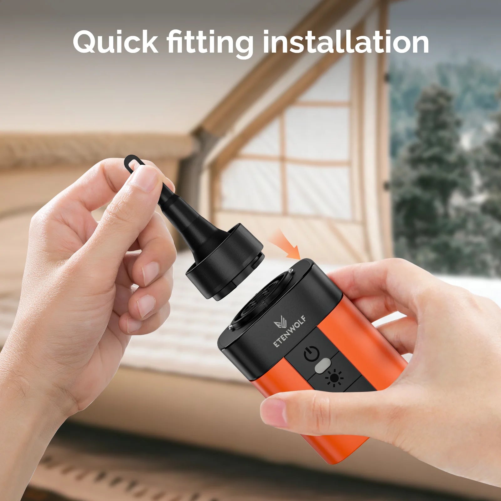 Person using a tool with 'Eternal Wolf' branding for quick fitting installation.