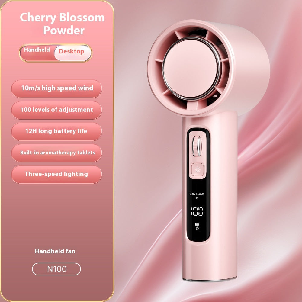 Pink handheld fan with features listed on a pink background