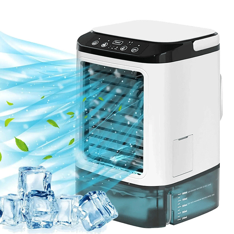 Portable air conditioner with ice cubes and cooling effect illustration on a white background
