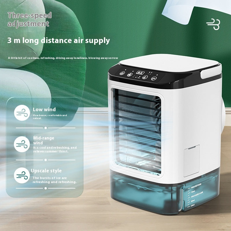 Portable air cooler with features highlighted on a green background