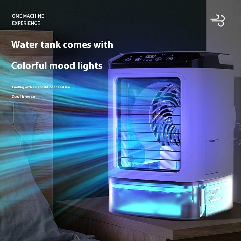 Portable air conditioner with colorful mood lights on a bed