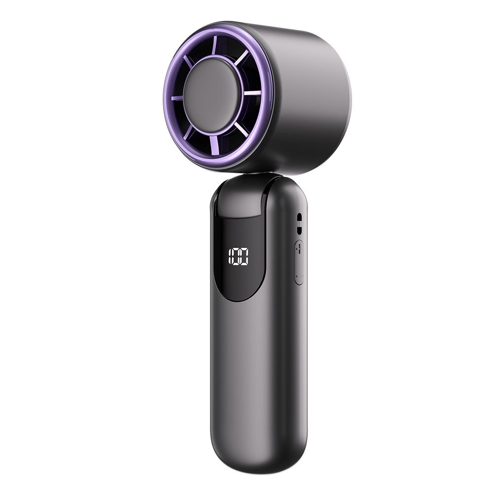 Portable cooling fan with purple fan on a white background