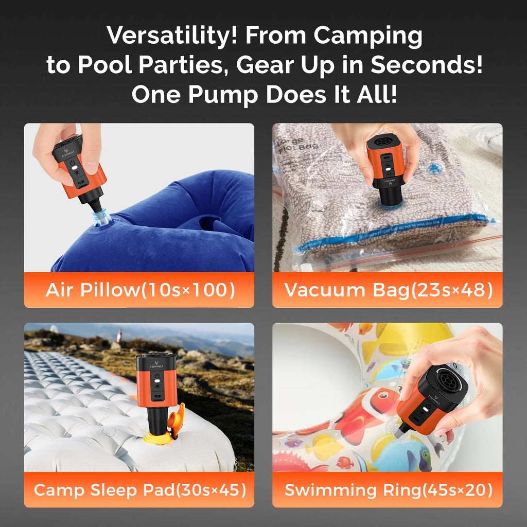 Promotional image of a pump with various uses including air pillow, vacuum bag, camp sleep pad, and swimming ring.