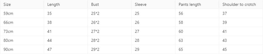 Table displaying clothing size chart with measurements for length, bust, sleeve, pants length, and shoulder to croch.