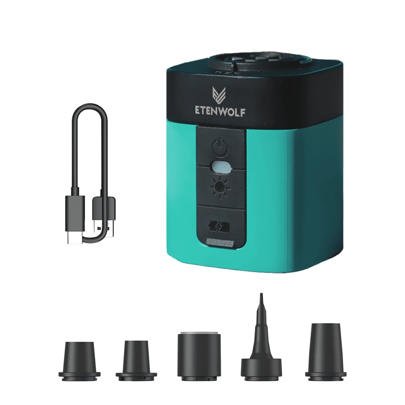 Teal and black electronic device with attachments on a white background, featuring the brand 'Etenwolf'.