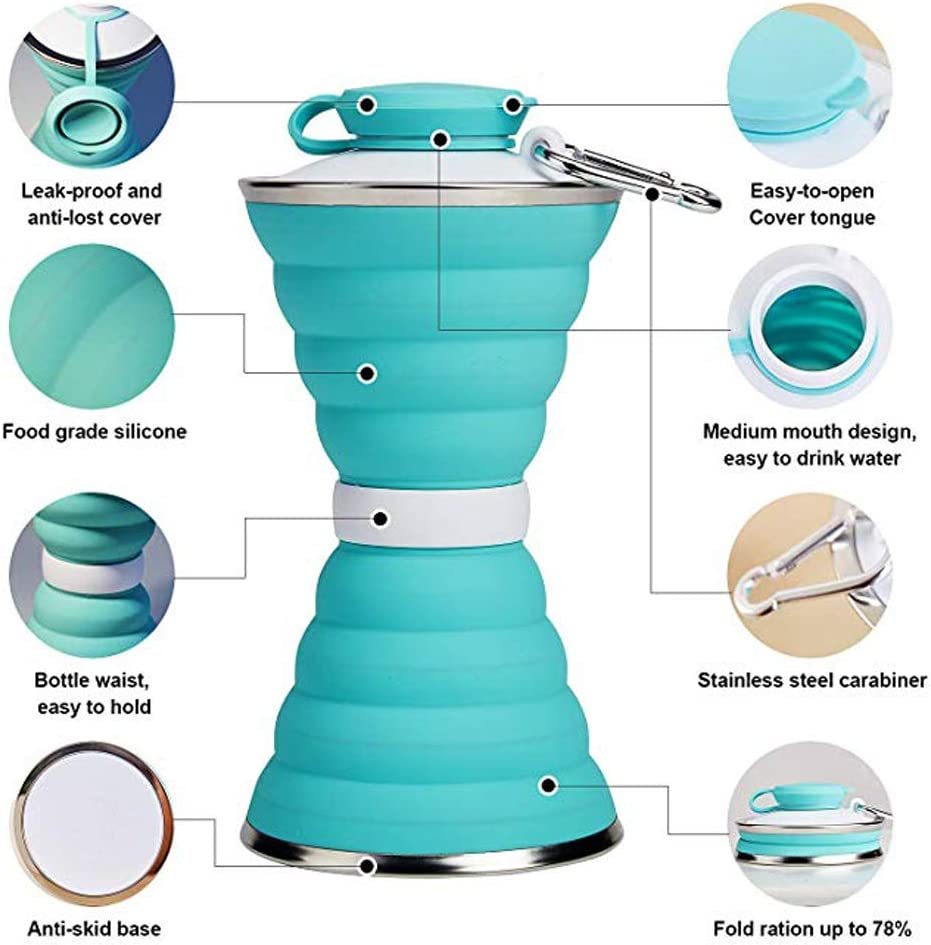 Teal collapsible water bottle with features highlighted on a white background