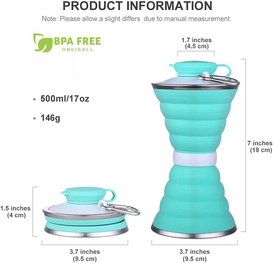 Teal collapsible water bottle with measurements and BPA-free label on a white background