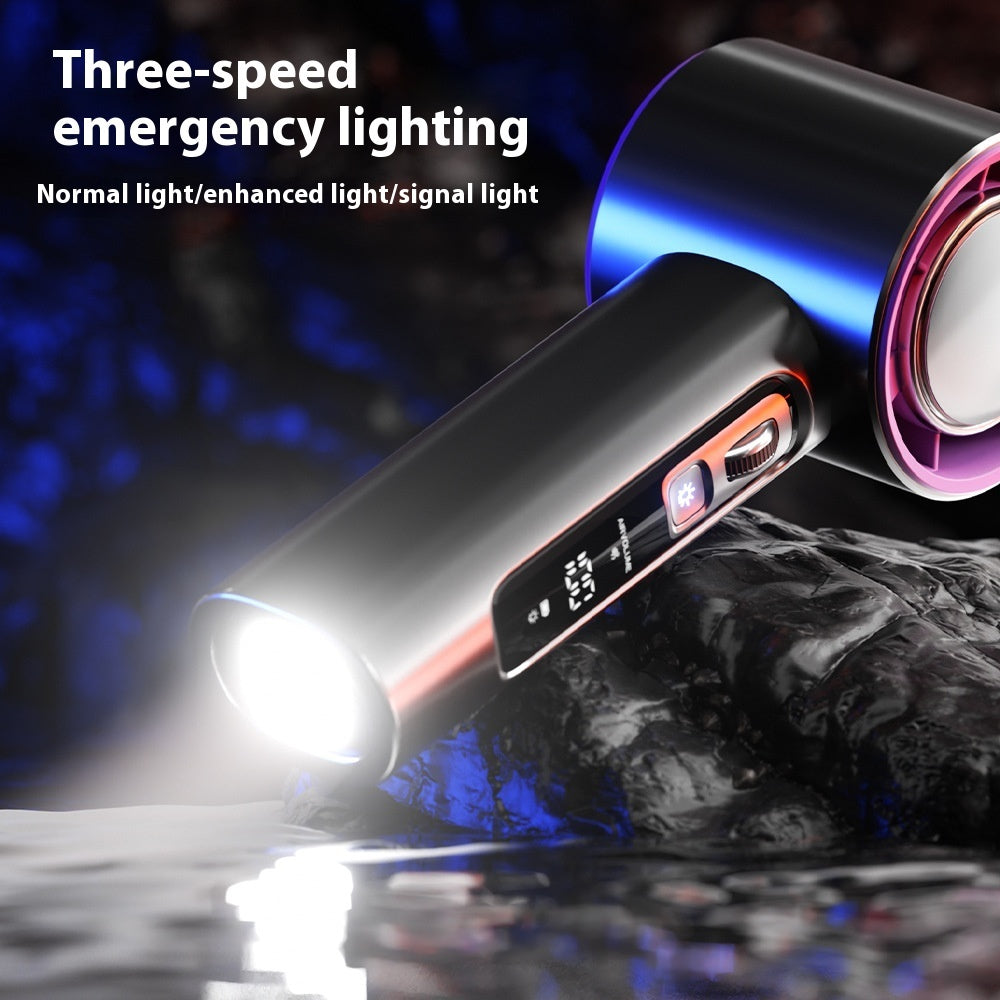 Three-speed emergency lighting device with digital display on a dark background