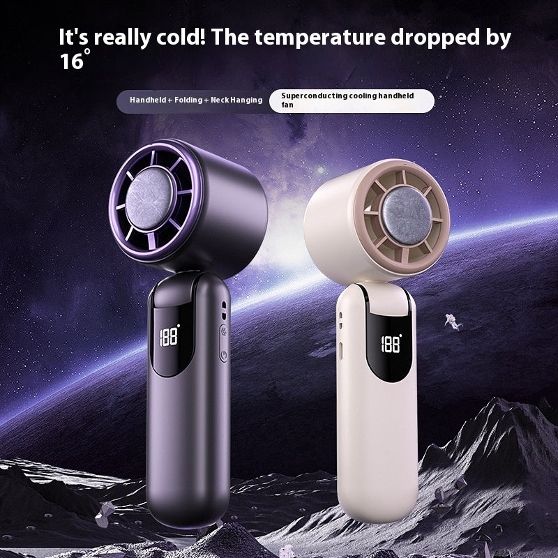 Two handheld cooling fans with digital displays against a space-themed background