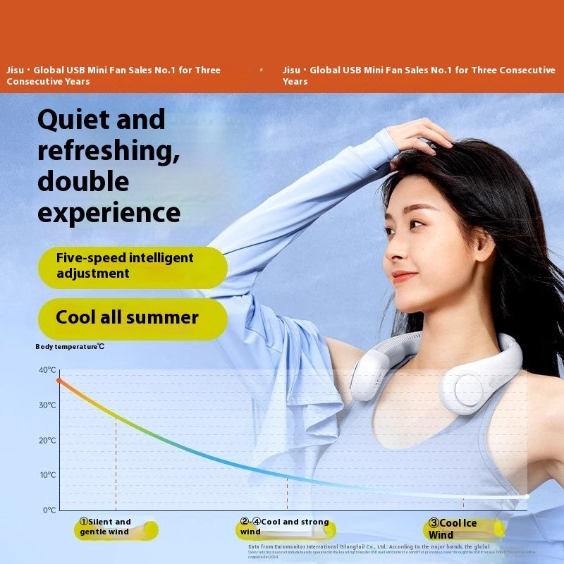 Advertisement for a USB mini fan with a woman using it, featuring text about its features and benefits.