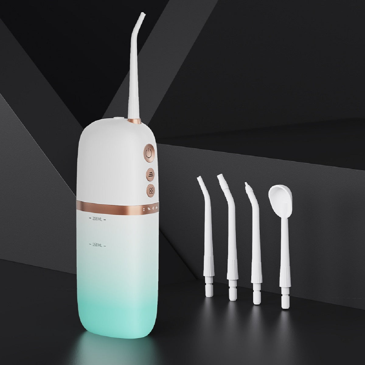 White and green dental water flosser with multiple nozzles on a black background
